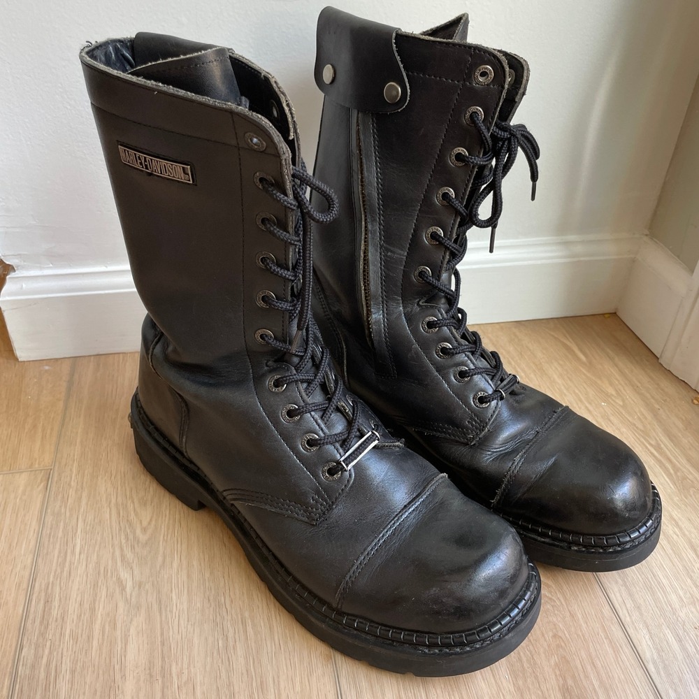 Harley-Davidson Mens Black Leather Lace Up Side Zip Biker Motorcycle Boots